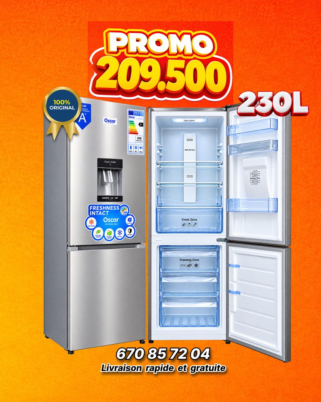 Réfrigérateur combiné OSCAR OSC-M280D – 230 Litres – Avec  Distributeur d'Eau – Réfrigérateur 155L – Congélateur 75L –  Classe A+ – 262 kWh/an – 39 dB – Inox