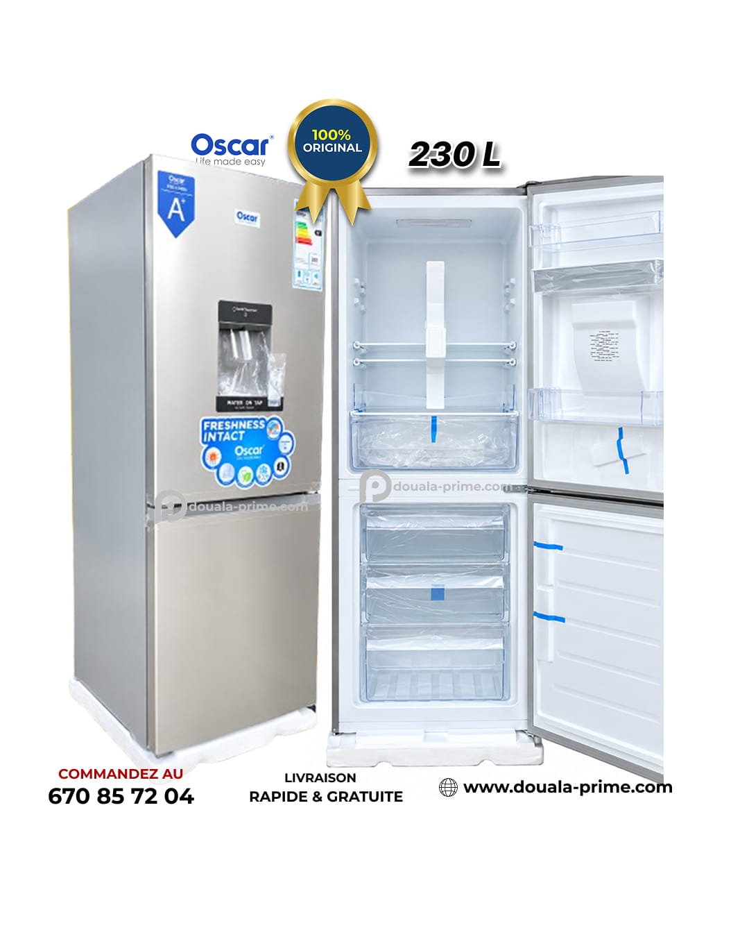 Réfrigérateur combiné OSCAR OSC-M280D – 230 Litres – Avec  Distributeur d'Eau – Réfrigérateur 155L – Congélateur 75L –  Classe A+ – 262 kWh/an – 39 dB – Inox