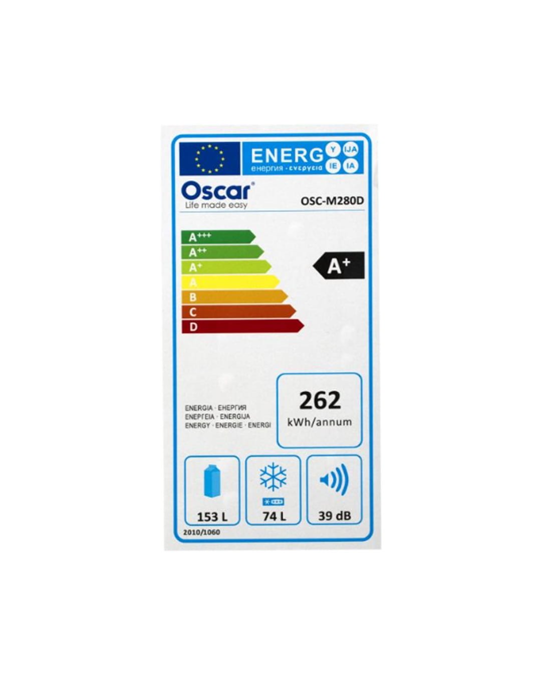 Réfrigérateur combiné OSCAR OSC-M280D – 230 Litres – Avec  Distributeur d'Eau – Réfrigérateur 155L – Congélateur 75L –  Classe A+ – 262 kWh/an – 39 dB – Inox
