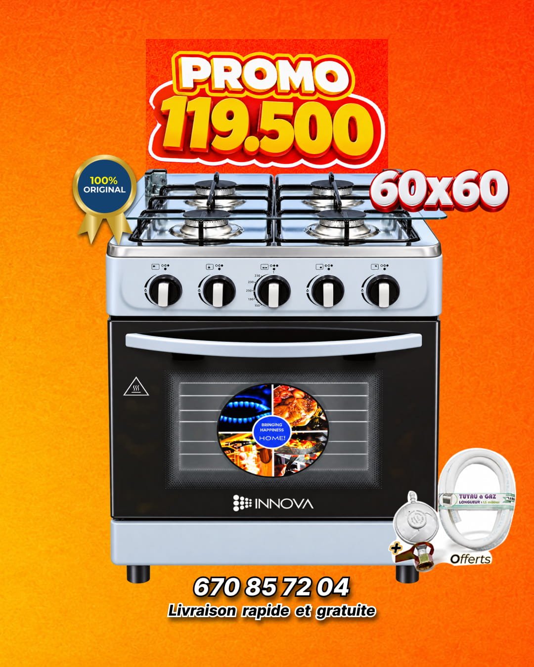 Cuisinière à gaz avec four INNOVA - 4 feux - IN60GS - 60 X 60 cm - Inox - Avec détendeur et tuyau offerts