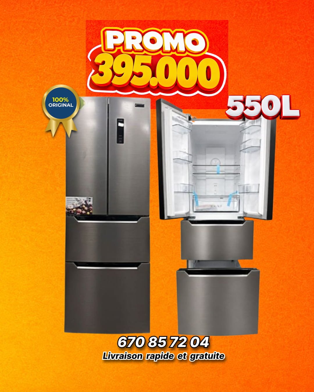 Réfrigérateur Américain VERVE - VV520IX - French Door 4 Portes  - 550 Litres - No Frost - Écran Tactile - Classe A+ -  Classe Climatique T Tropicalisée - Gaz R600a - Inox