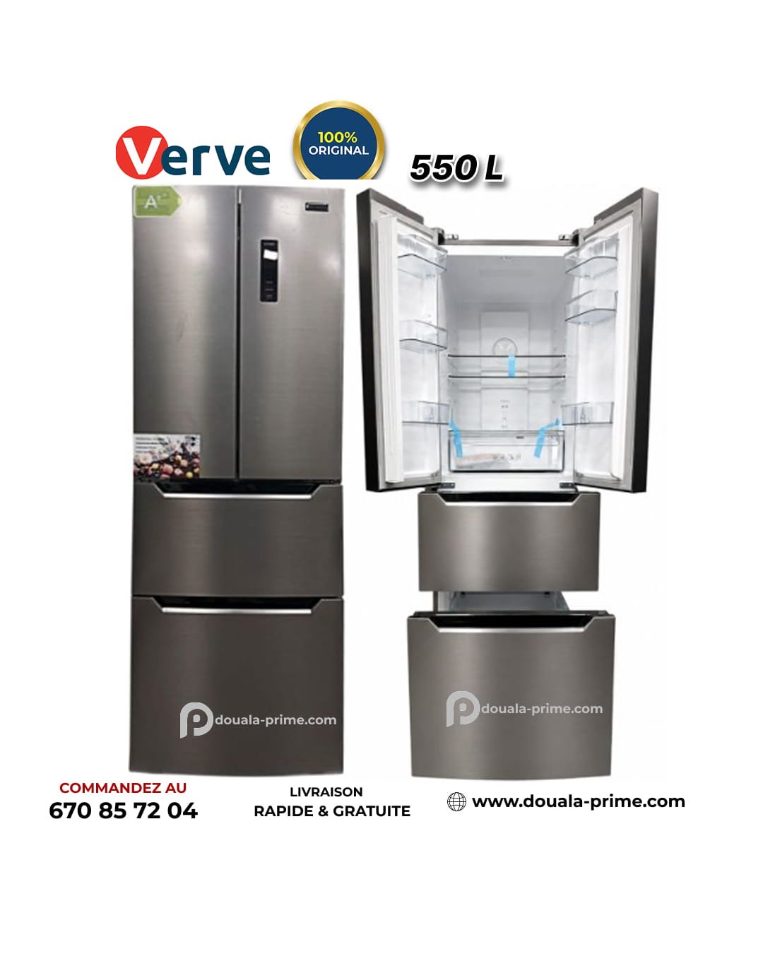 Réfrigérateur Américain VERVE - VV520IX - French Door 4 Portes  - 550 Litres - No Frost - Écran Tactile - Classe A+ -  Classe Climatique T Tropicalisée - Gaz R600a - Inox