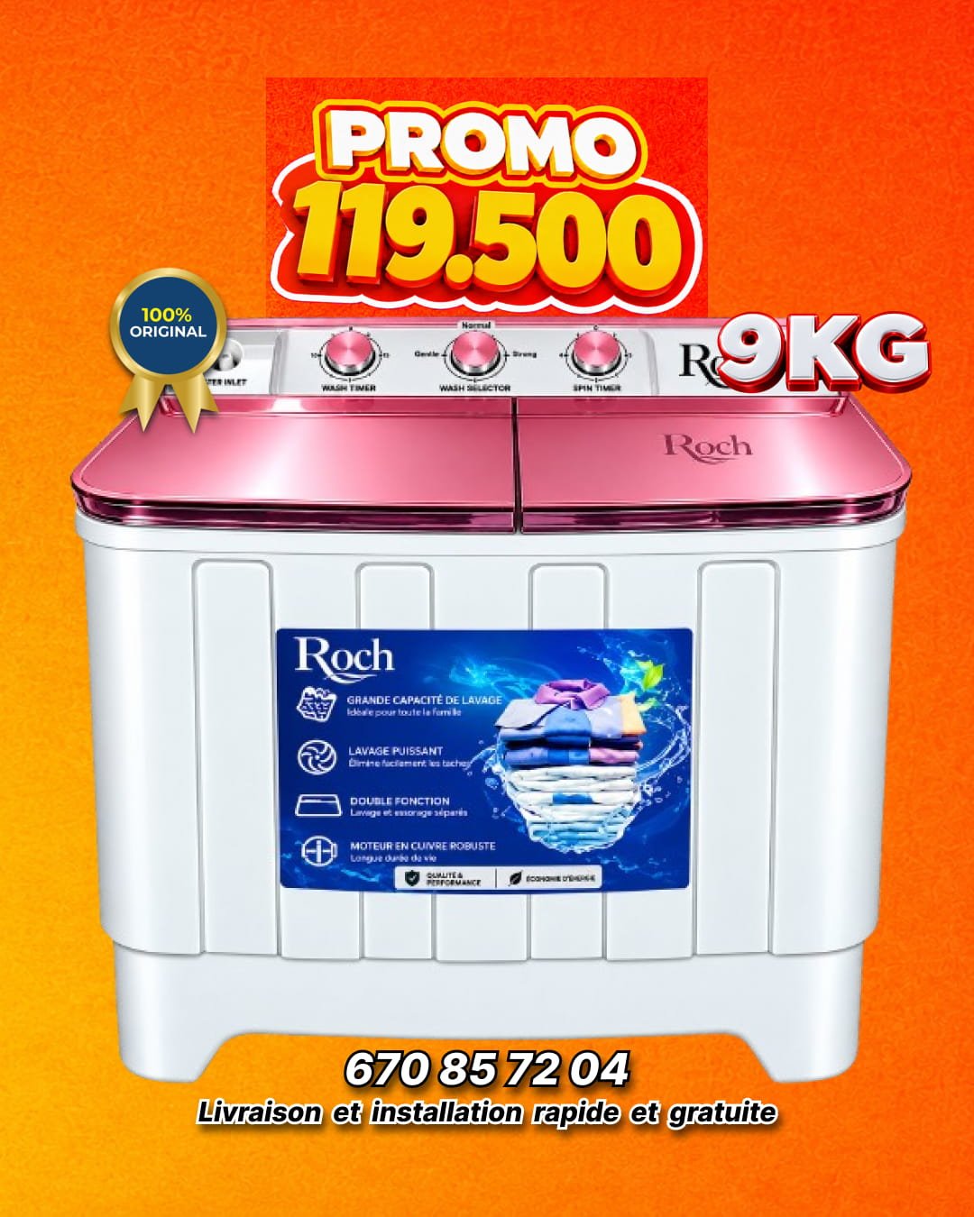 Machine à laver Roch semi-automatique 9KG-RWM-09TTG-W (PLAN EN VERRE)