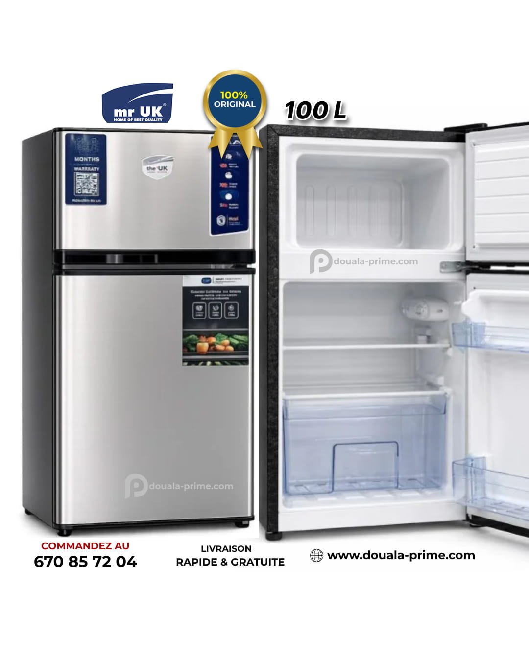 Mini Réfrigérateur de Bureau/Chambre Double Battant MR UK -  F48-08-0I – 100L – Compact – Classe T